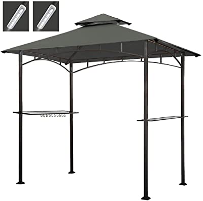 Keymaya 8x5 Grill Gazebo Shelter for Patio and Outdoor Backyard BBQ's, Double Tier Soft Top Canopy and Steel Frame with Bar Counters, Bonus LED Light X2 (Gray)